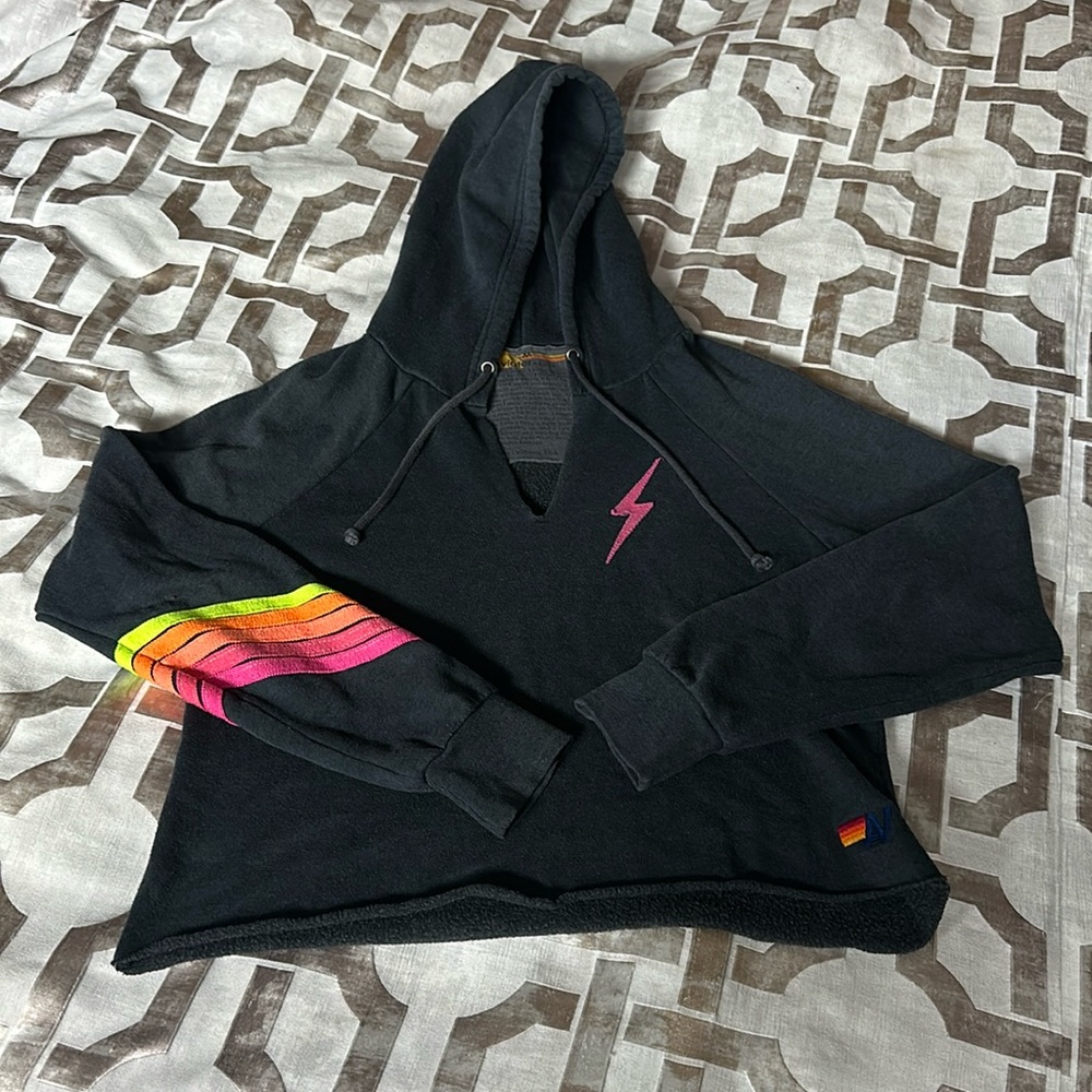 Aviator Nation Charcoal Pink Neon Bolt Crop Hoodie M - RARE